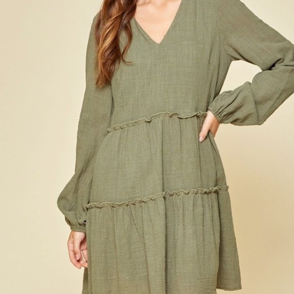 Women's Olive Mini Tiered Long Sleeve Dress - Picture 4 of 5